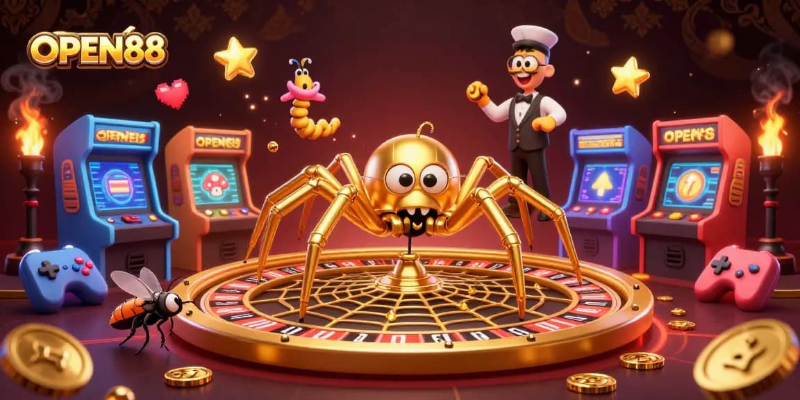 Experience thrilling gameplay at OPEN88 with a cartoon spider and a centipede dealer in a vibrant casino scene.