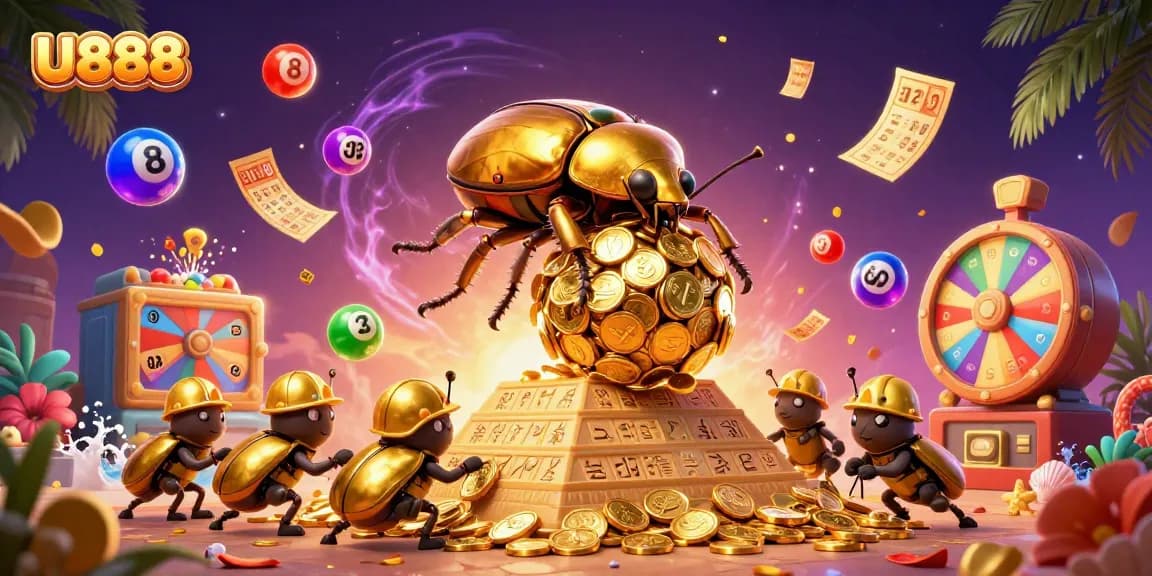 U888 showcases vibrant casino excitement with cartoon beetles rolling gold coins amidst lottery elements.