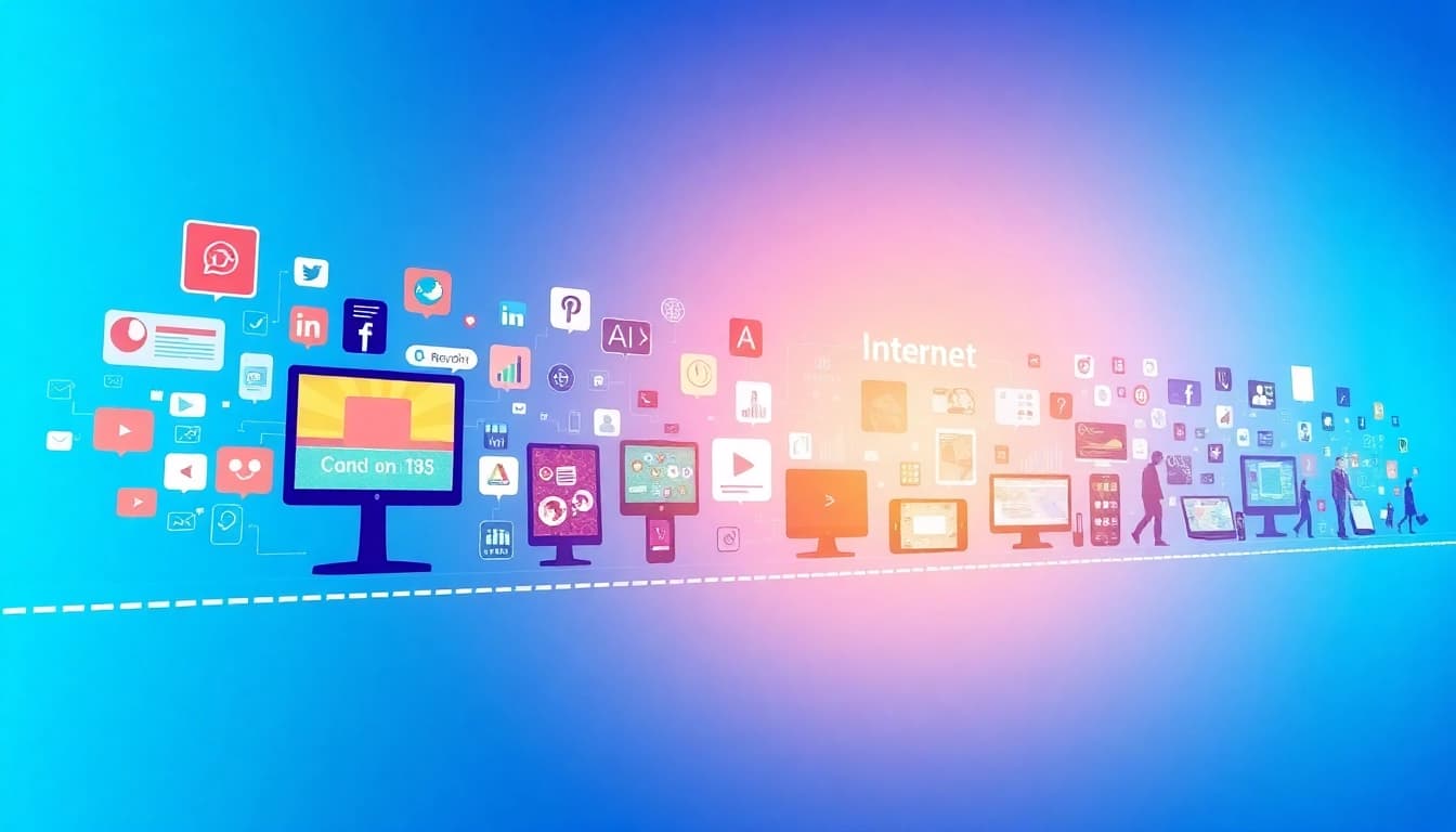 Explore the evolution of internet history through a dynamic timeline illustration.
