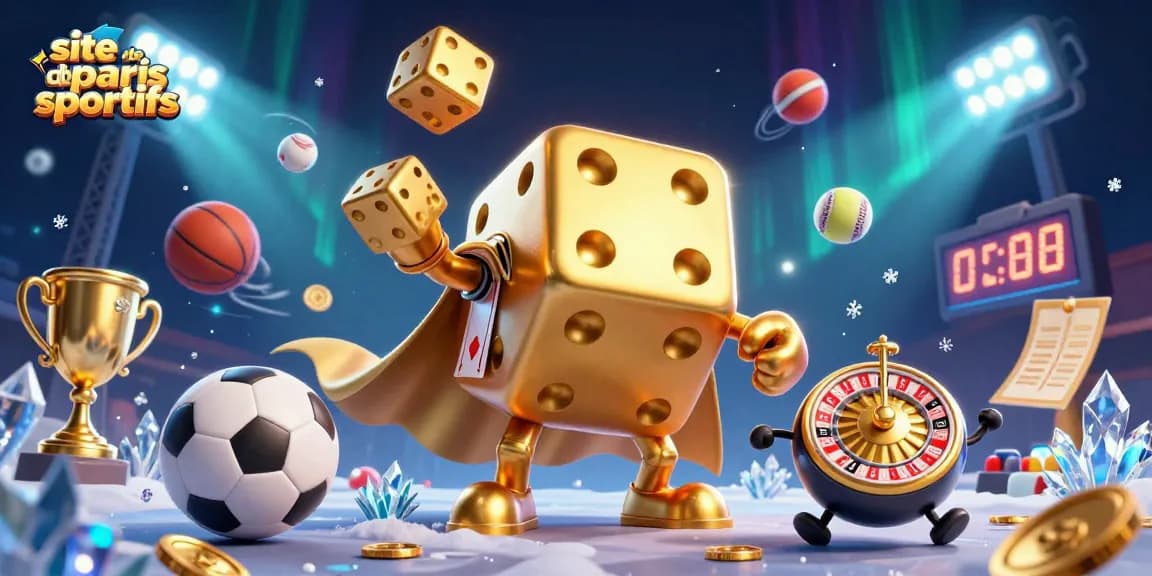 Plongez dans le monde du site de paris sportifs avec un golem de dés dorés et des éléments sportifs.
