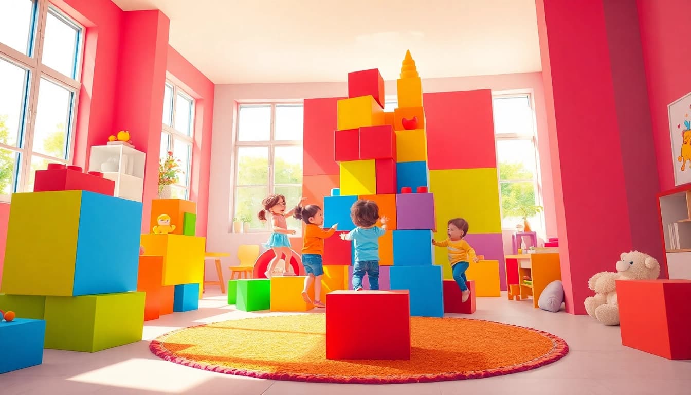 Discover more about kids engaging with giant building blocks in a colorful playroom.