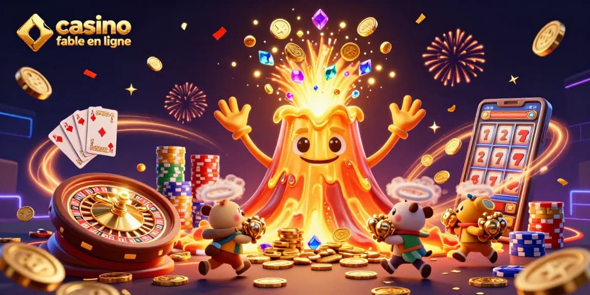 Illustration dynamique de casino fiable en ligne avec un volcan d'or et des trésors.