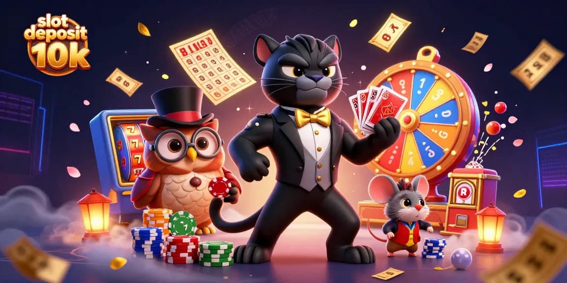 Slot deposit 10k dengan karakter kartun menarik saat bermain di kasino, penuh warna.
