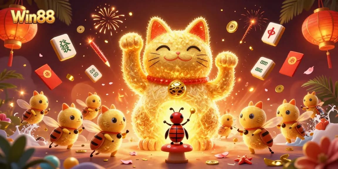 Engage with the vibrant Win88 experience, showcasing a lucky cat and casino symbols in a lively scene.