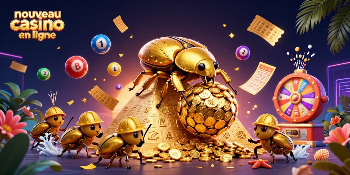 Jeux de casino dans un nouveau casino en ligne avec un scarabée doré et des éléments variés.