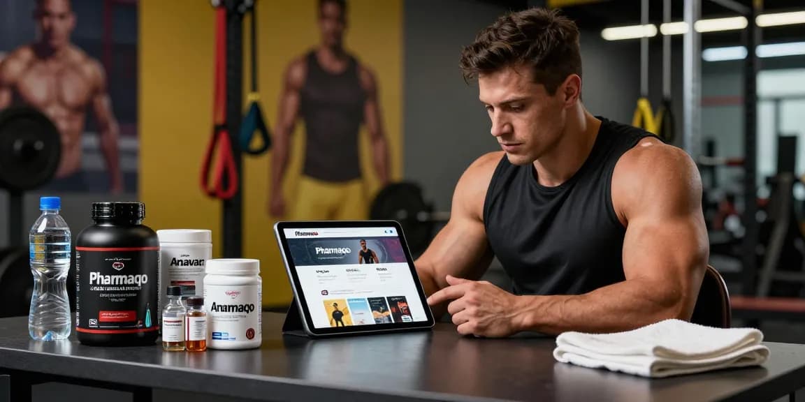 Bodybuilder exploring the Pharmaqo shop for anabolic steroids in a motivating gym environment