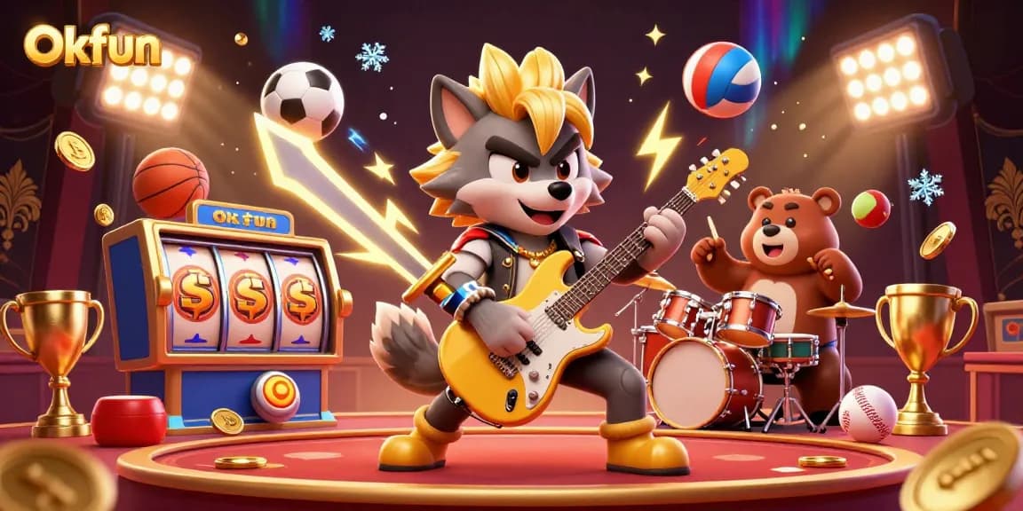 Experience thrilling casino action with Okfun's vibrant 3D rock star scene filled with dynamic gaming elements.