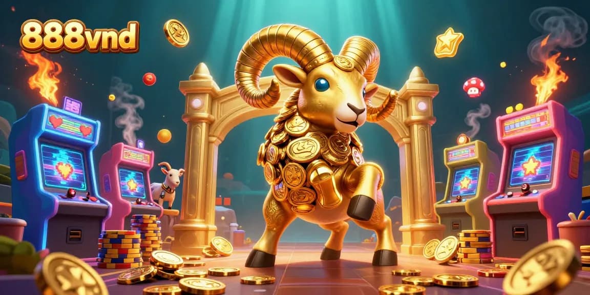 Experience the thrilling adventure of 888vnd with a golden ram charging through a vibrant casino landscape.