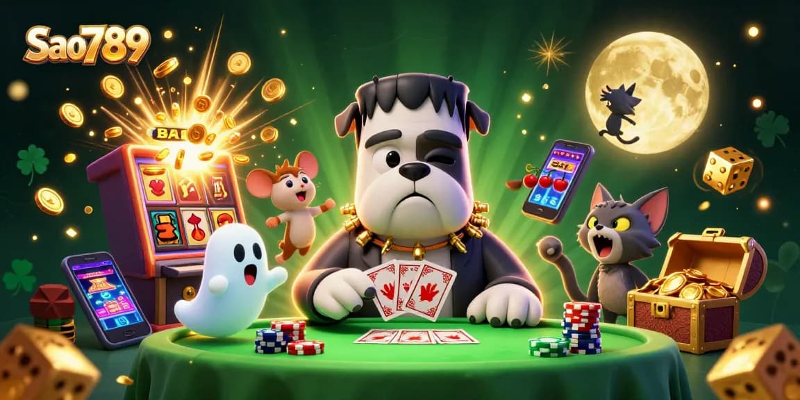 Sao789 players enjoy a thrilling card game in a vibrant casino scene filled with jackpots and fun.