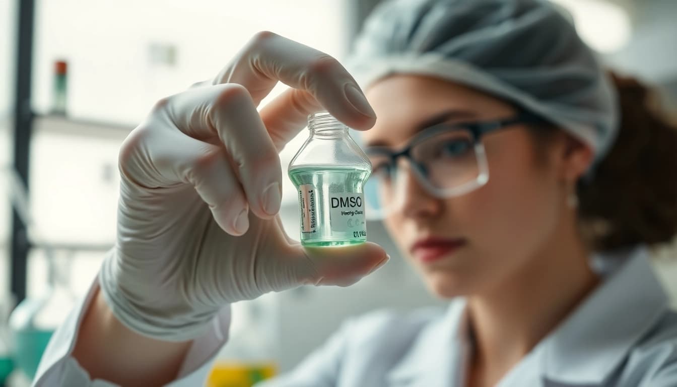 Examine dmso organic in a clear vial within a professional lab, showcasing purity and clarity.
