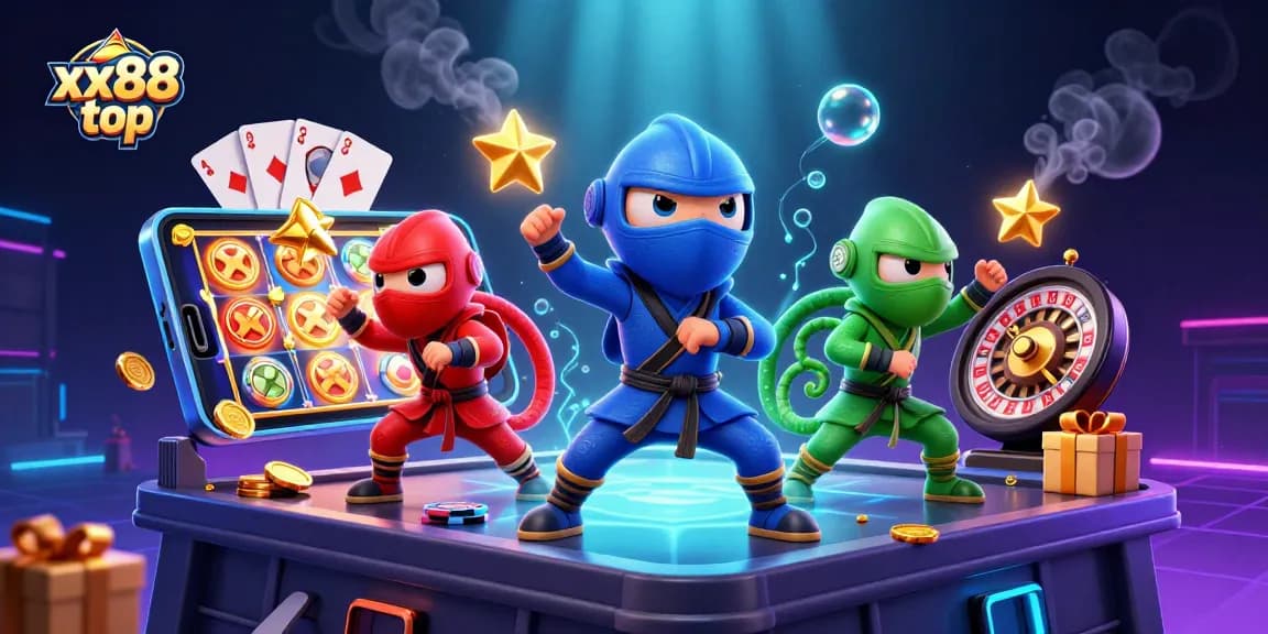 Experience the excitement of games at xx88 top with ninja chameleons, glowing coins, and dynamic casino elements.