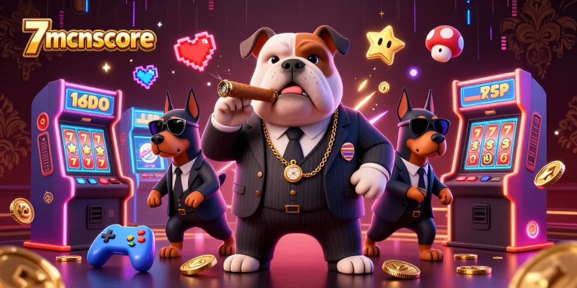 Experience thrilling gameplay at 7mcnscore with a lively illustration of a mafia bulldog and Doberman bodyguards.