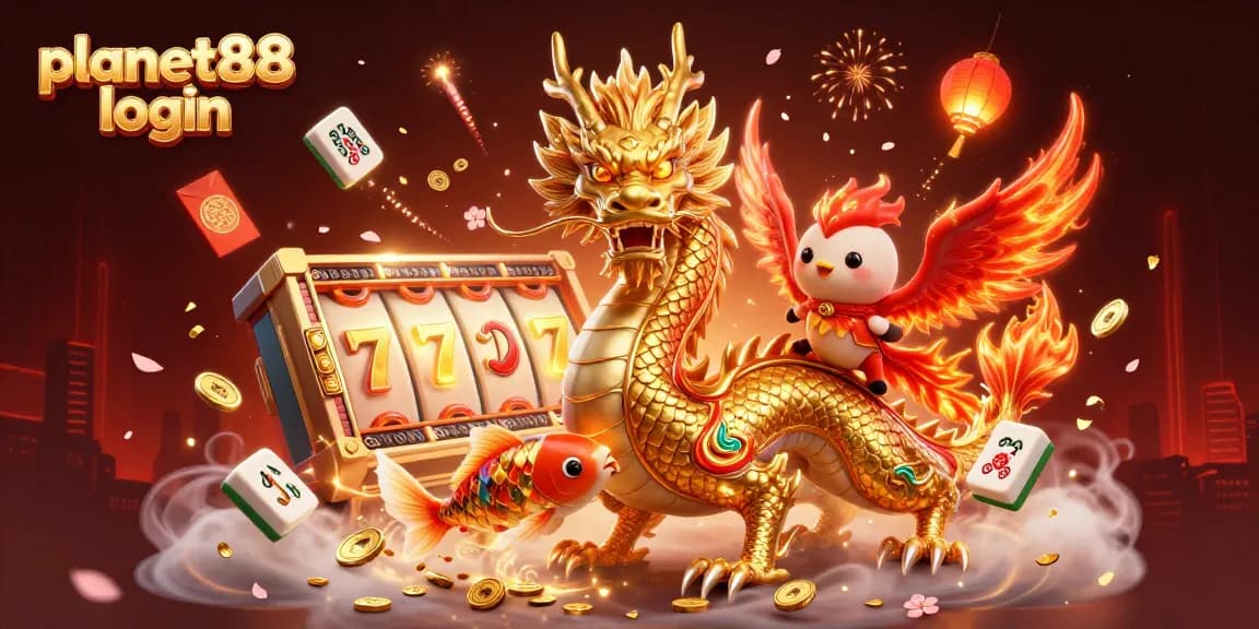 Experience thrilling wins with planet88 login in a vibrant 3D gambling-themed scene featuring a dragon, phoenix, and koi fish.
