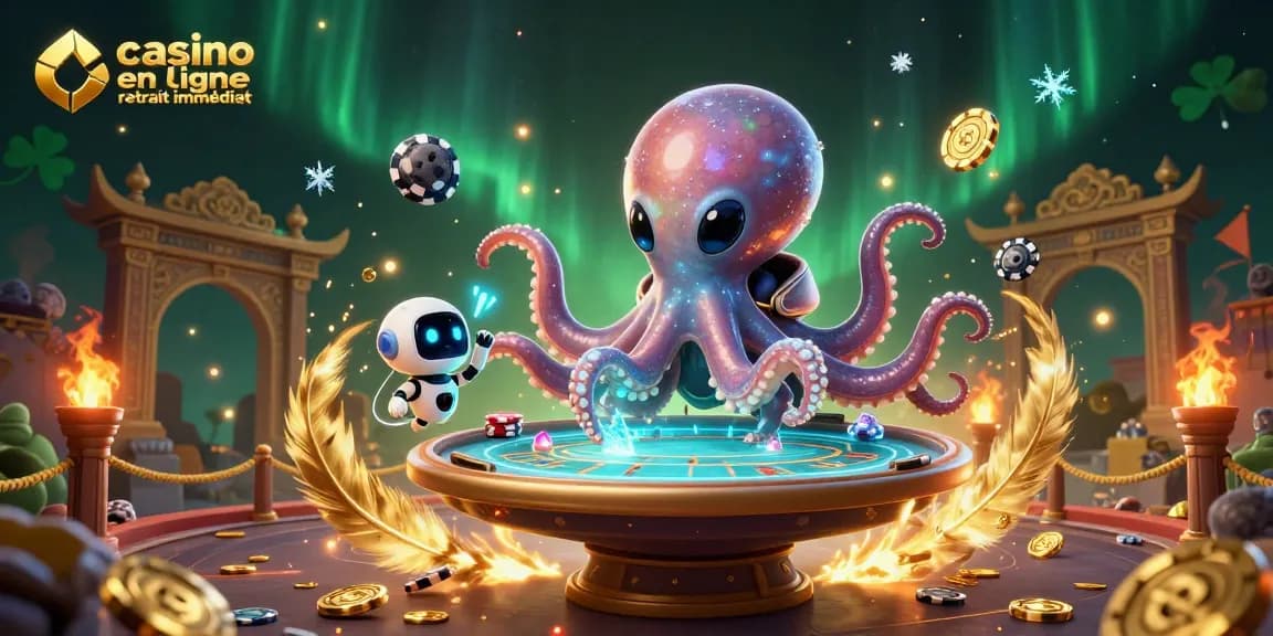 Plongez dans l'univers du casino en ligne retrait immédiat avec un poulpe extraterrestre cartoon et un robot, poker et jetons en orbite.