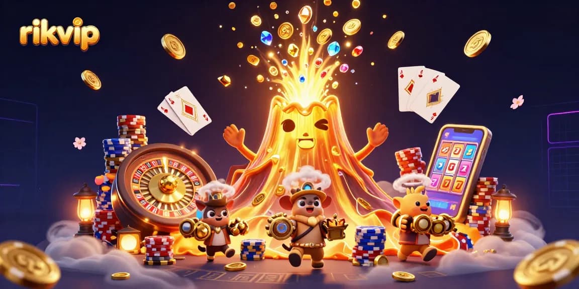 Experience the thrill of rikvip with a vibrant illustration of a casino eruption of coins and exciting game elements.