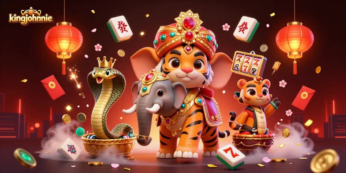 Experience kingjohnnie's vibrant casino adventure with a cartoon maharaja and slot elements.