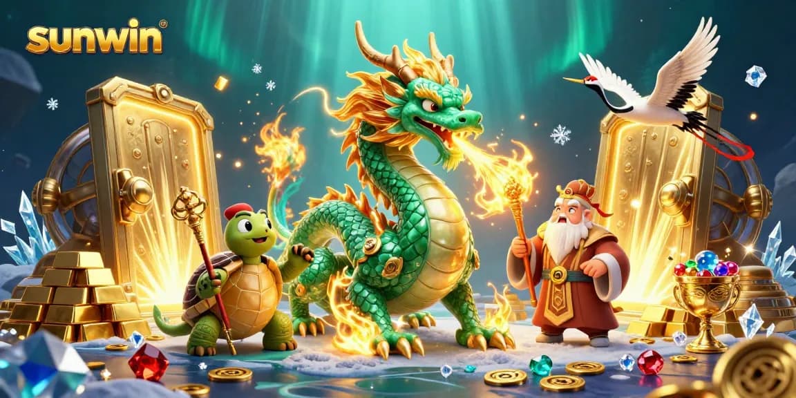 Experience sunwin's vibrant atmosphere with an emerald dragon and treasures in this captivating casino scene.