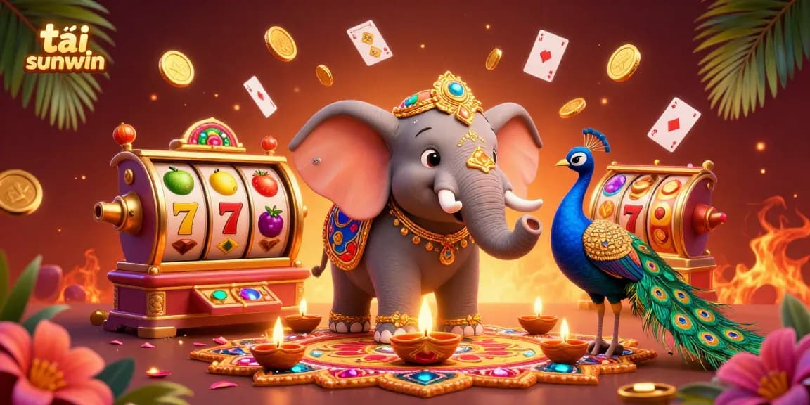 Engage with tải sunwin in this vibrant 3D casino scene featuring colorful characters and gambling elements.