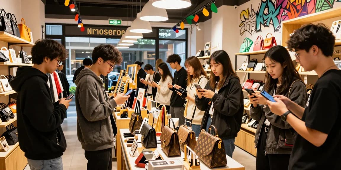 레플리카 쇼핑몰에서 쇼핑하는 젊은이들의 역동적인 장면