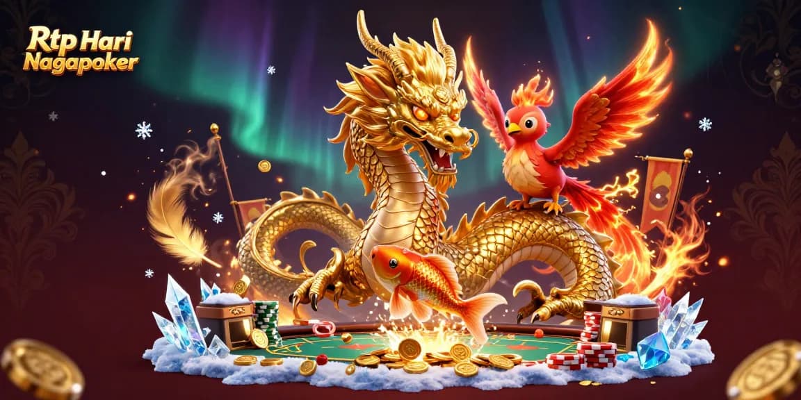 Experience the excitement of Rtp Hari Nagapoker with a vibrant illustration of a golden dragon and phoenix in action.