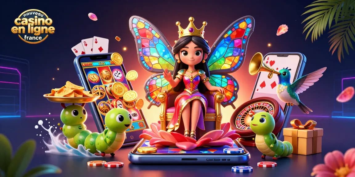 Illustration captivante de la reine papillon du nouveau casino en ligne France jouant aux machines à sous.