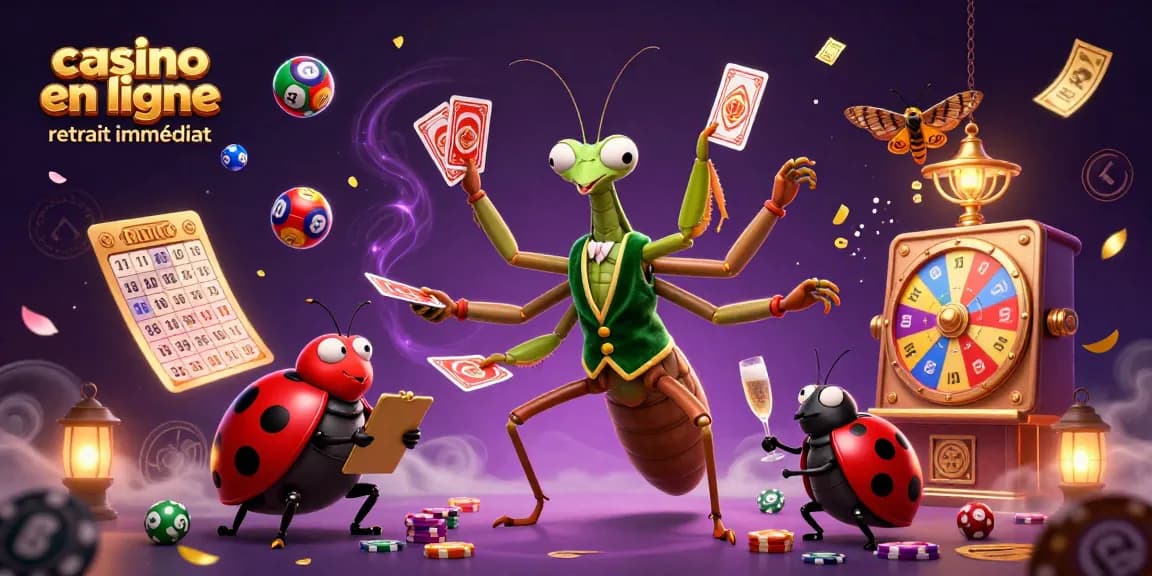 Les jeux captivants du casino en ligne retrait immédiat se dévoilent dans une illustration festive.
