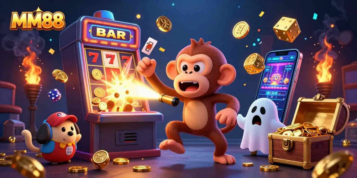 Experience the excitement of MM88 casino with a mischievous poltergeist monkey juggling gold in a haunted setting.