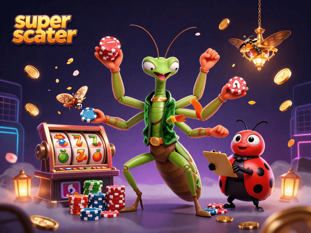 Catch the excitement of super scatter slots with vibrant characters and winning symbols in this colorful casino scene.
