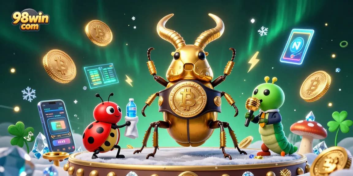 Experience excitement with 98win com, featuring a golden stag beetle in a casino showdown.