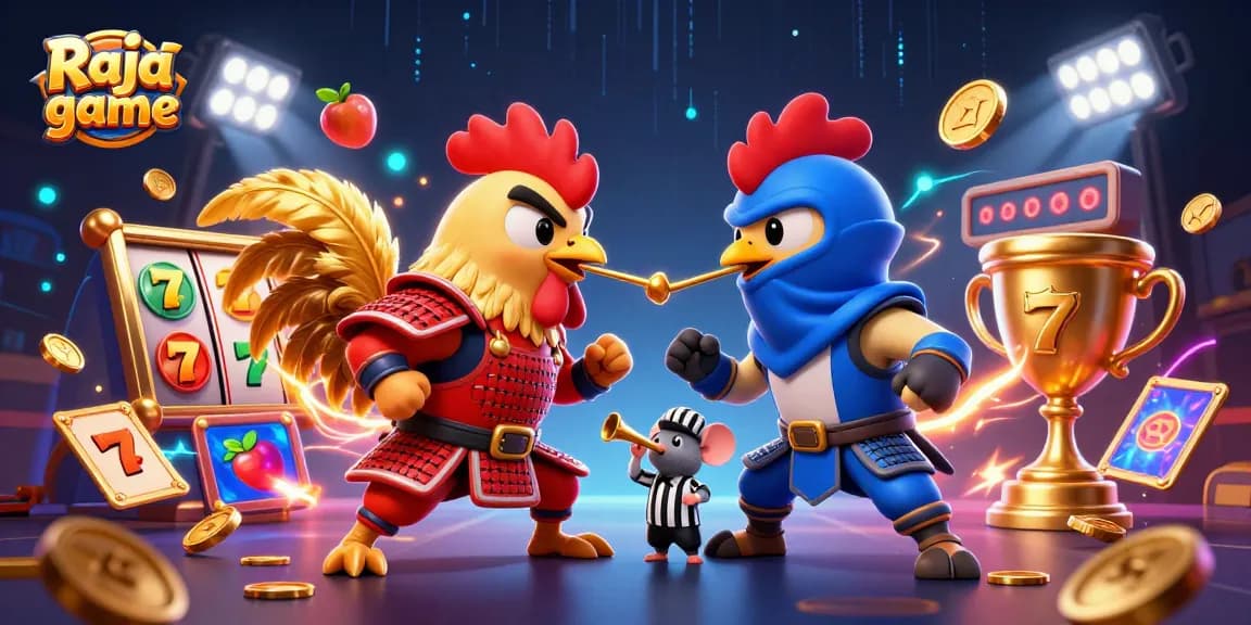 Raja game showcases thrilling slot jackpots and cartoon roosters in an electrifying standoff.