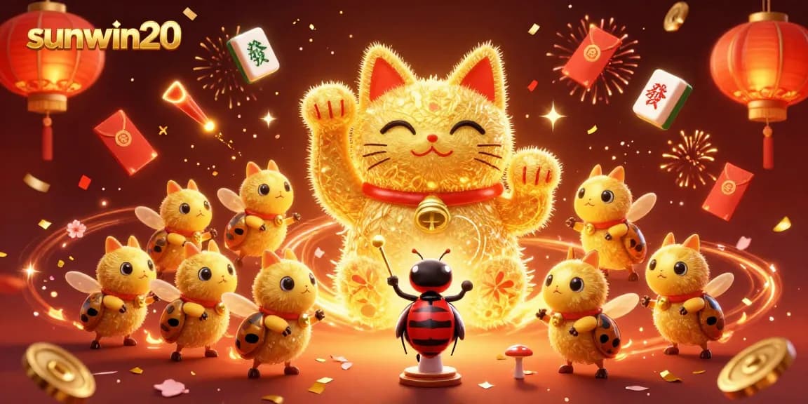Engage with sunwin20 through a dynamic 3D illustration of a lucky cat and festive casino symbols.