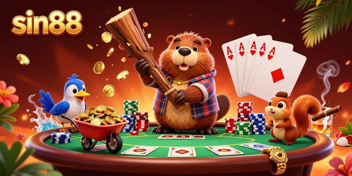 Immerse in sin88's vibrant casino scene filled with gold coins, poker elements, and lively characters.