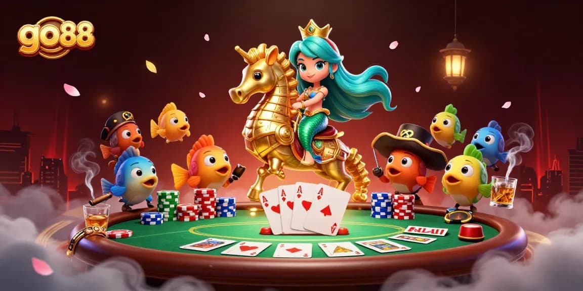 Experience the excitement of go 88 with a vibrant casino-themed 3D scene showcasing dynamic poker action.