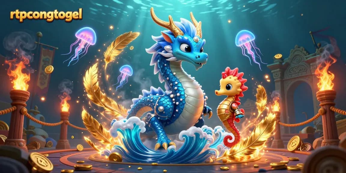 Engage with rtpcongtogel’s vibrant underwater casino adventure featuring a 3D dragon and seahorse knight.
