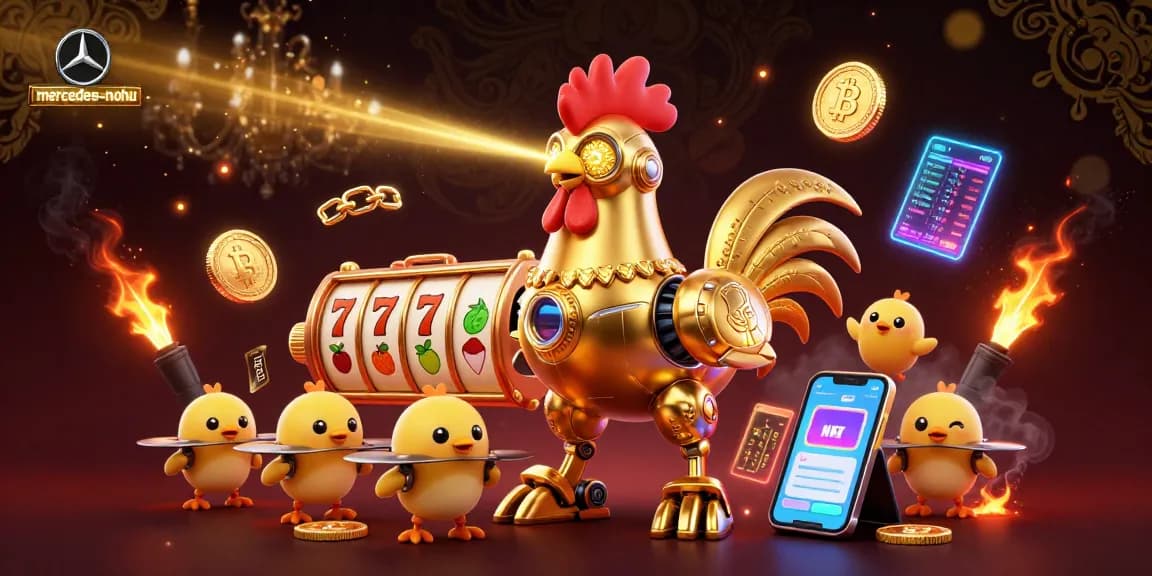 Engage with mercedes-nohu's thrilling slots, featuring a golden rooster robot amidst fiery action and glowing coins.