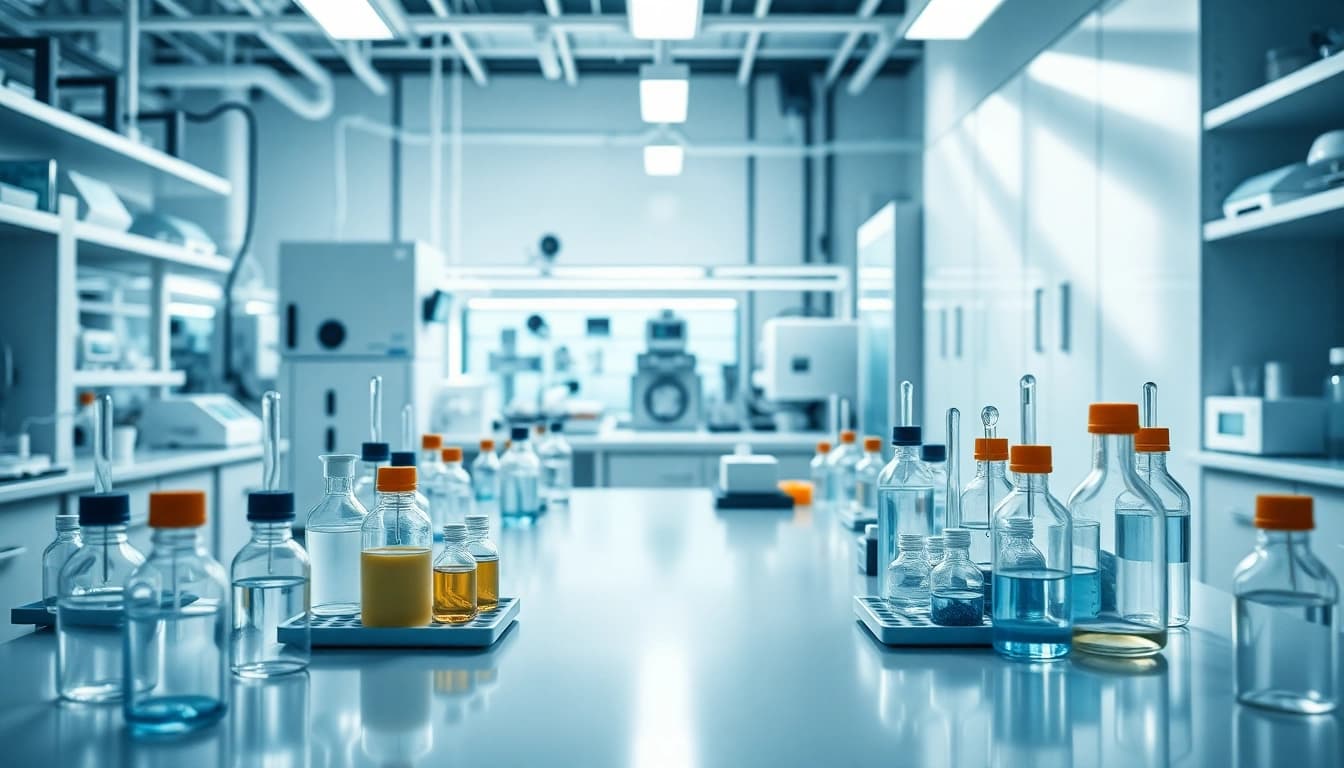 Scientist analyzing cargi peptides in a high-tech laboratory setup.
