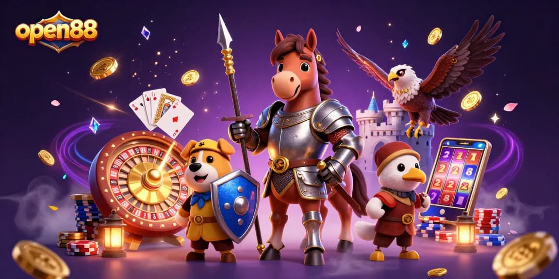 Engage in thrilling gaming at open88 with a knight and puppy amidst coins and cards.