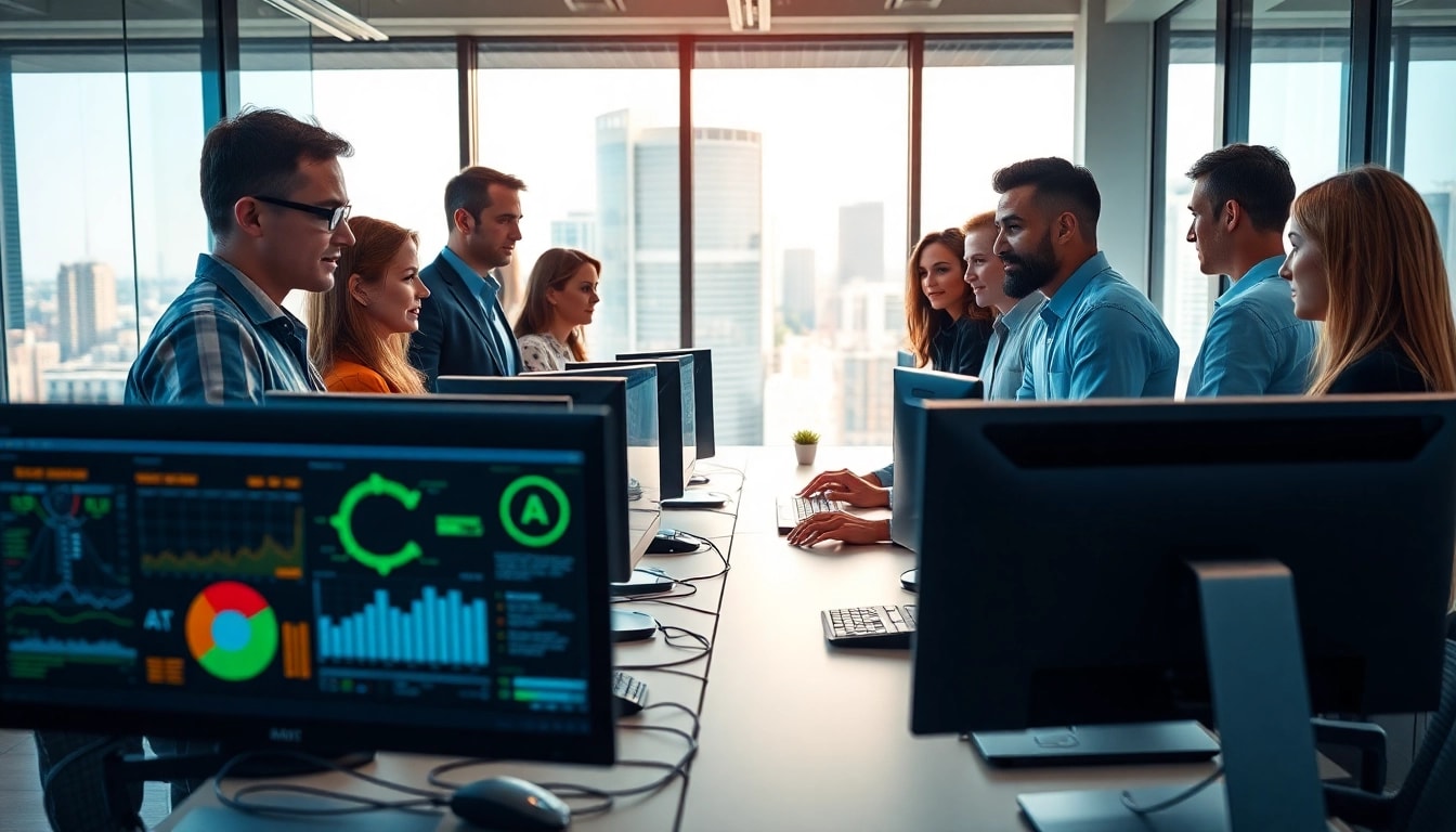 AI agents collaborating in an innovative office environment, showcasing advanced technology.