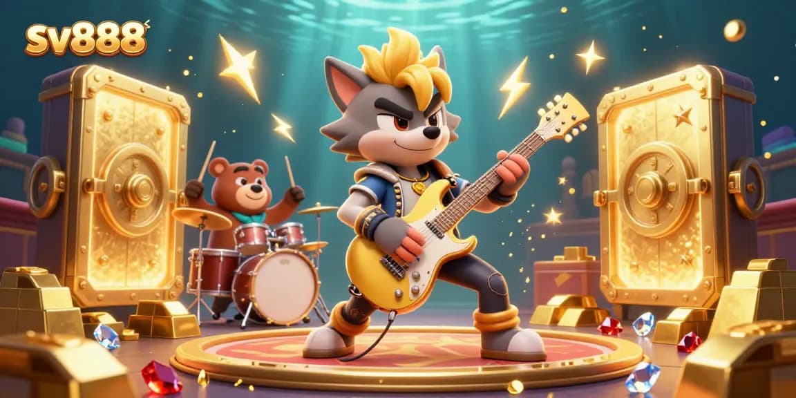Experience thrilling wins at sv888 with a 3D cartoon wolf rocking out on casino stage amidst treasures and gold!