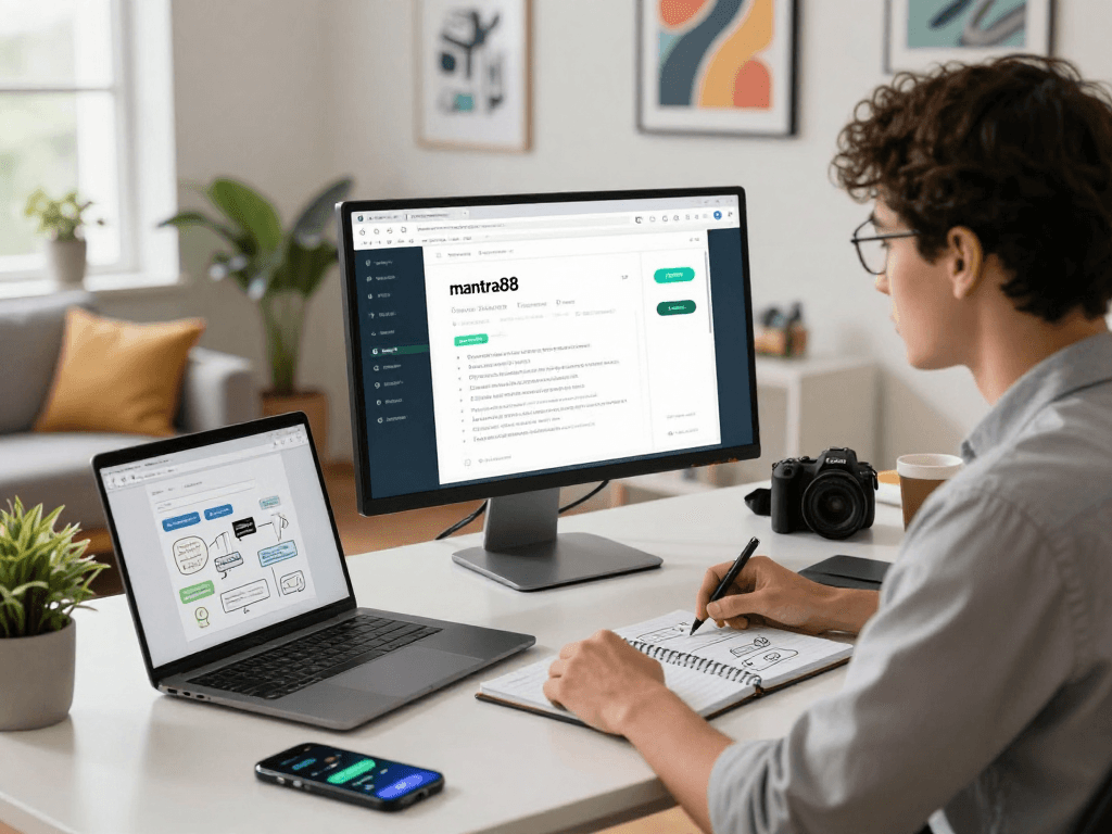 Logging into mantra88 platform in a vibrant tech workspace, showcasing modern digital tools and a creative atmosphere.