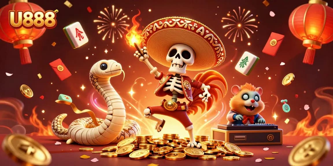U888 presents a vibrant celebration scene with a dancing skeleton and confetti, enhancing the gaming experience.