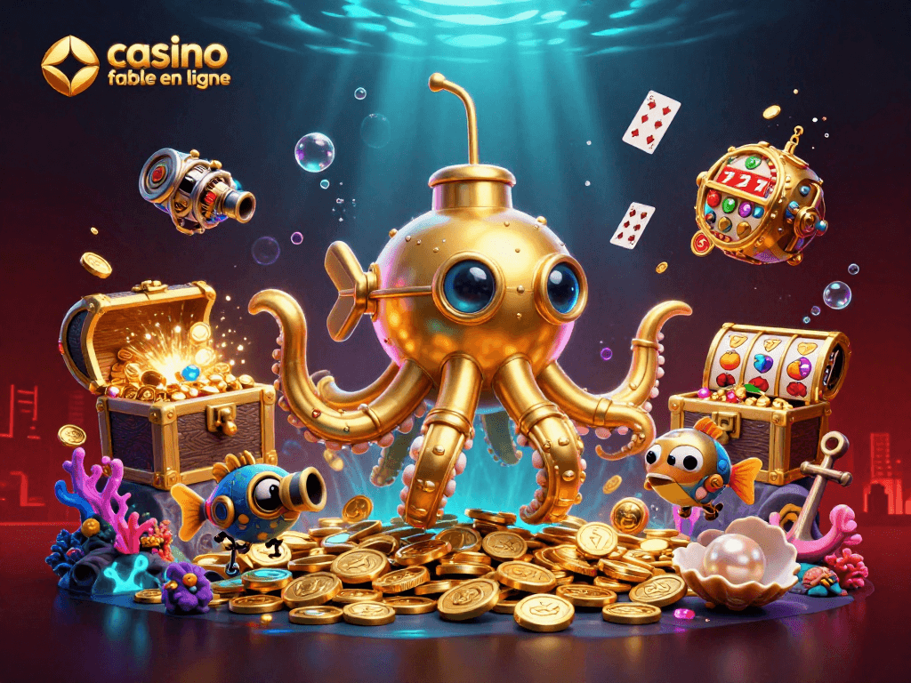 Illustration de casino fiable en ligne avec un kraken en 3D, pièces d'or et éléments de jeux.