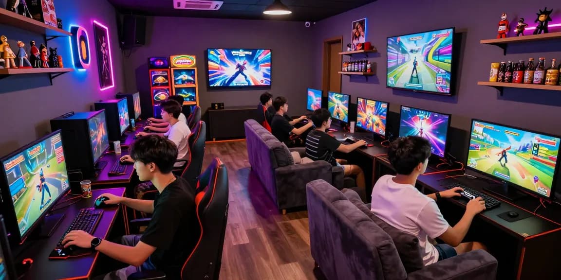 Gaming lounge with players enjoying เกมสล็อต video games together, vibrant atmosphere and colorful decor.
