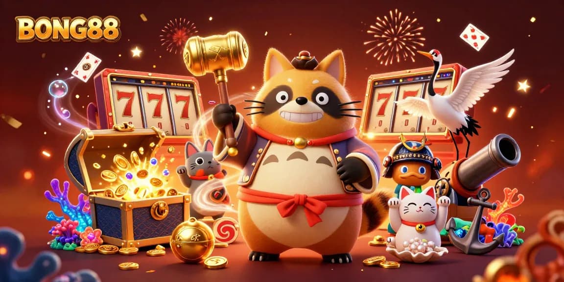 Engage with BONG88’s vibrant casino scene featuring a lucky tanuki and colorful game elements.