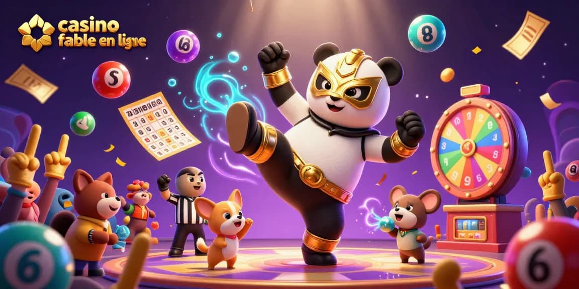 Illustration dynamique d'un panda lutteur, symbole d'un casino fiable en ligne, avec un arbitre chihuahua et des spectateurs en folie.