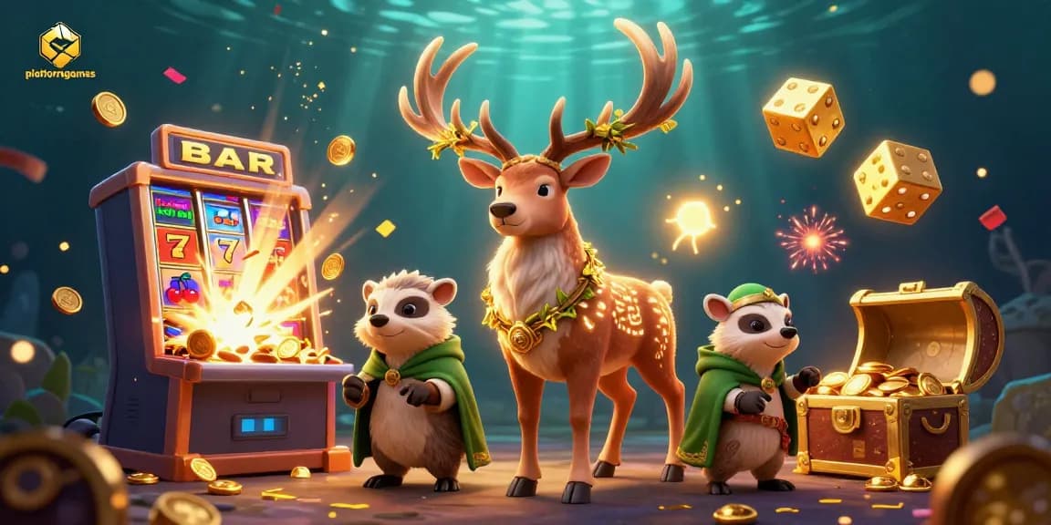 Play exciting casino games with platformgames featuring a druid stag and badger in a vibrant scene.