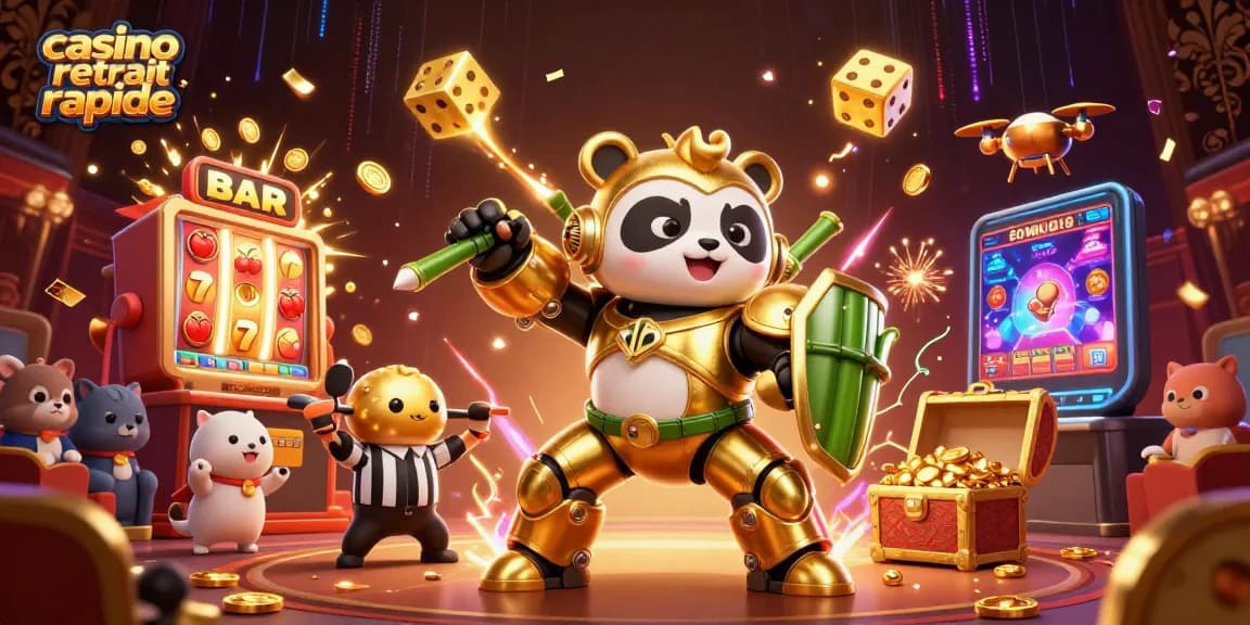 Casino retrait rapide : illustration dynamique montrant un panda doré dans un robot au milieu d'une explosion de gains.