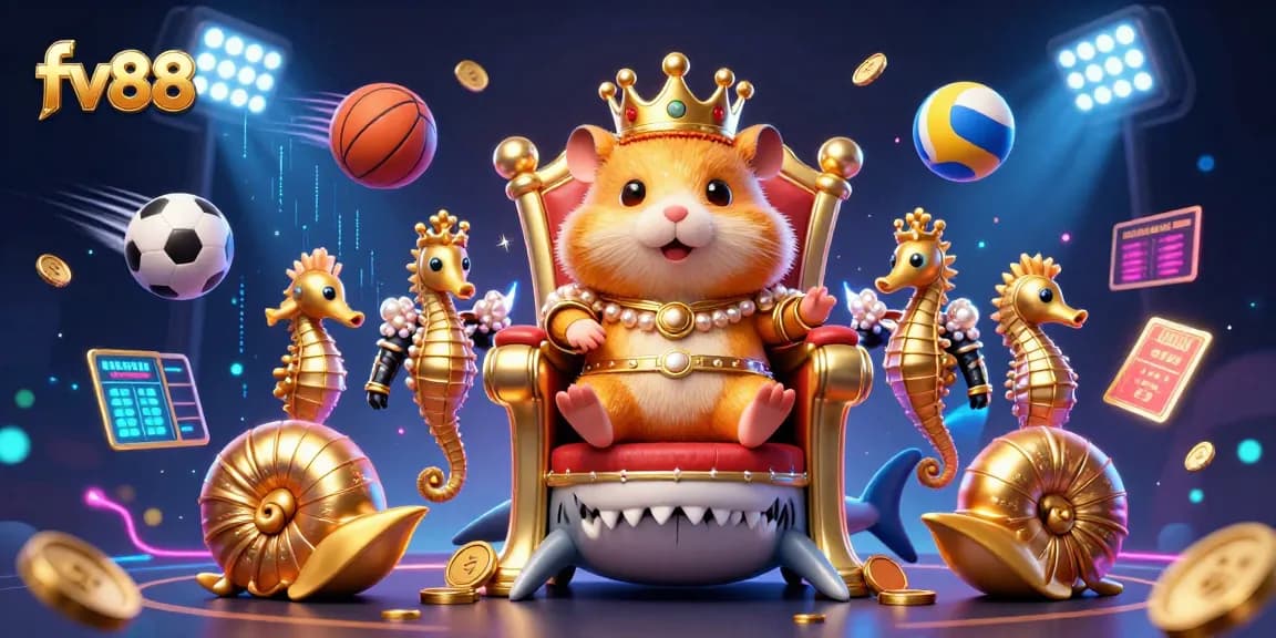 Experience the excitement of fv88 with a hamster king on a megalodon throne amidst vibrant gambling elements.