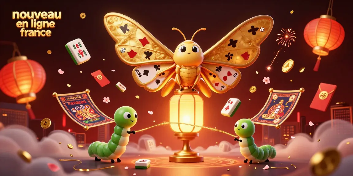 Illustration de nouveau casino en ligne France avec un papillon 3D et des éléments de jeux lumineux.