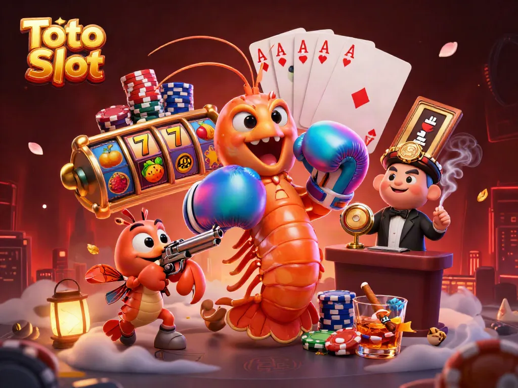 Gambarkan Toto Slot dengan karakter udang mantis dan udang pistol, dikelilingi simbol slot.